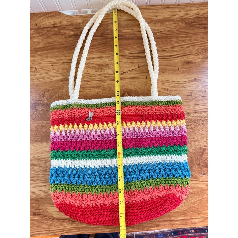 Colorful Crochet Tote Bag Lined Zip Pocket Boho Beach Cottagecore Lina - Picture 10 of 11